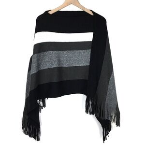 PONCHO Fringe Knit Striped Colorblock Pullover Sweater Cozy Boutique Ranch Style